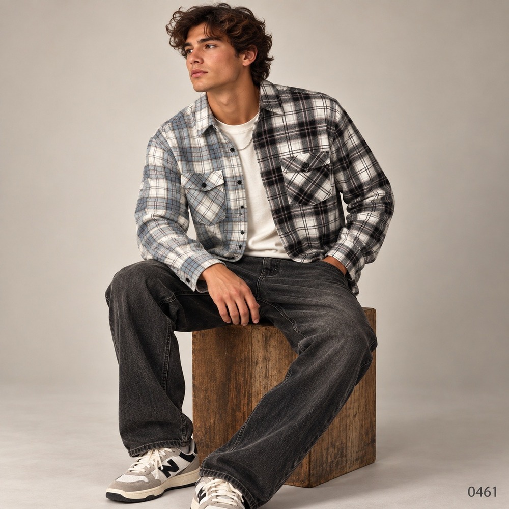 RSQ Mens Split Plaid Flannel Shirt Grey Black White Two Tone Button Down 0461
